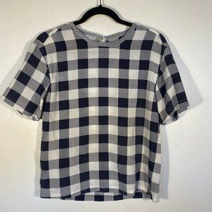Equipment Navy Blue White Check Print Silk Blouse